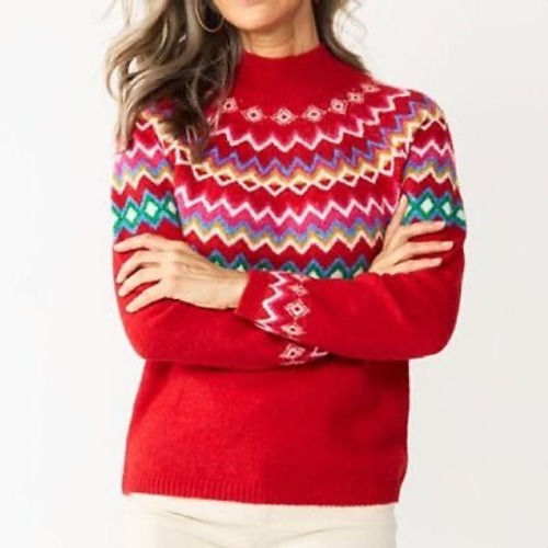 Croft & Barrow Womens Red Fair Isle Mock Neck Sweater Small Holiday Winter Knit
